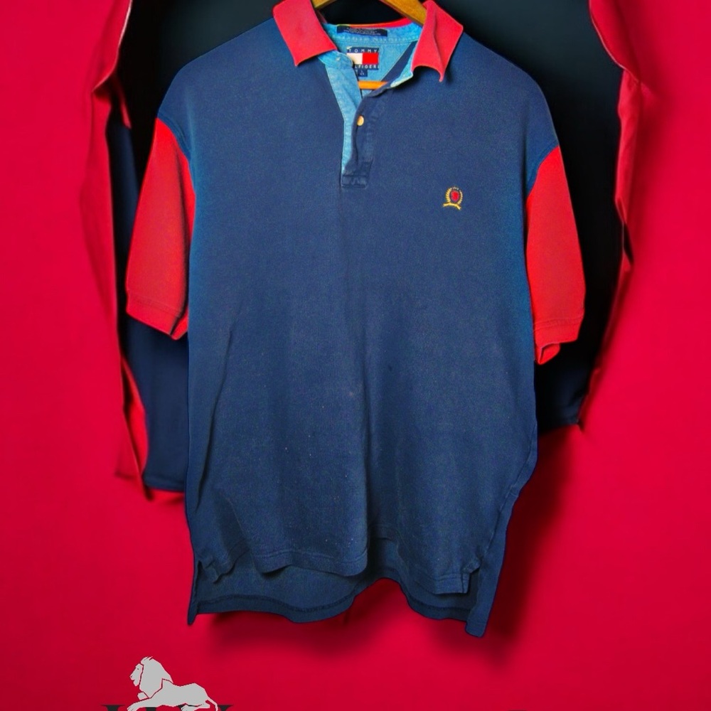 Vintage Tommy Hilfiger Men's Navy and Red Polo Shirt